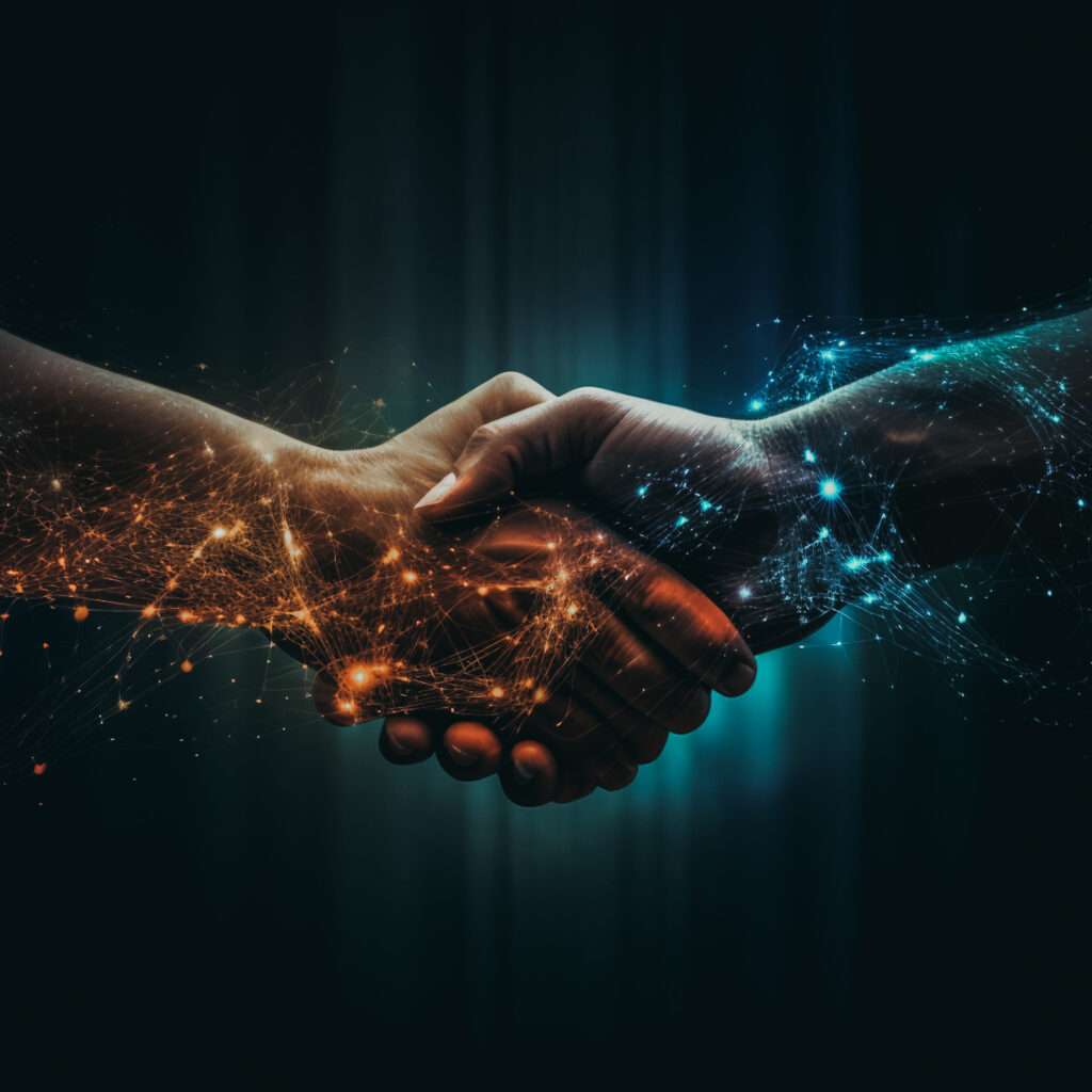 Symbolischer Handschlag mit digitalen Netzwerkeffekten, der Zusammenarbeit und Technologie darstellt